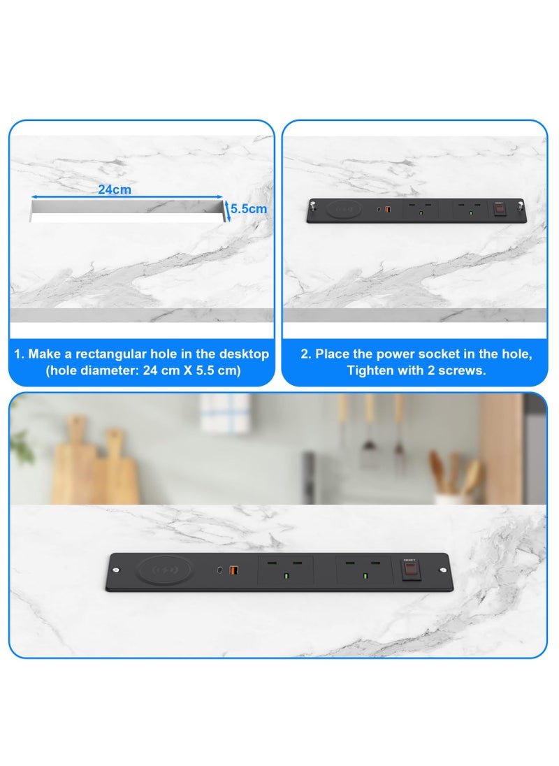 Excefore - Recessed Desk Power Socket USB C, Desk Power Strip with 2 UK Plugs, PD 20W USB A+C, Desk Socket with Overload Switch, 2M Cable, Black - Image 1
