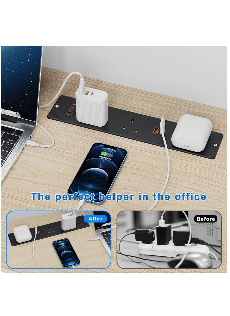 Excefore - Recessed Desk Power Socket USB C, Desk Power Strip with 2 UK Plugs, PD 20W USB A+C, Desk Socket with Overload Switch, 2M Cable, Black - Image 1