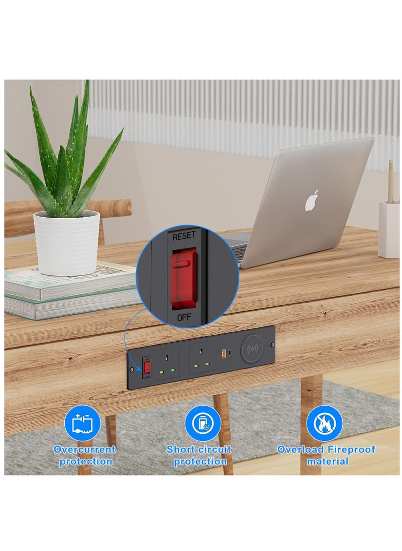Excefore - Recessed Desk Power Socket USB C, Desk Power Strip with 2 UK Plugs, PD 20W USB A+C, Desk Socket with Overload Switch, 2M Cable, Black - Image 1