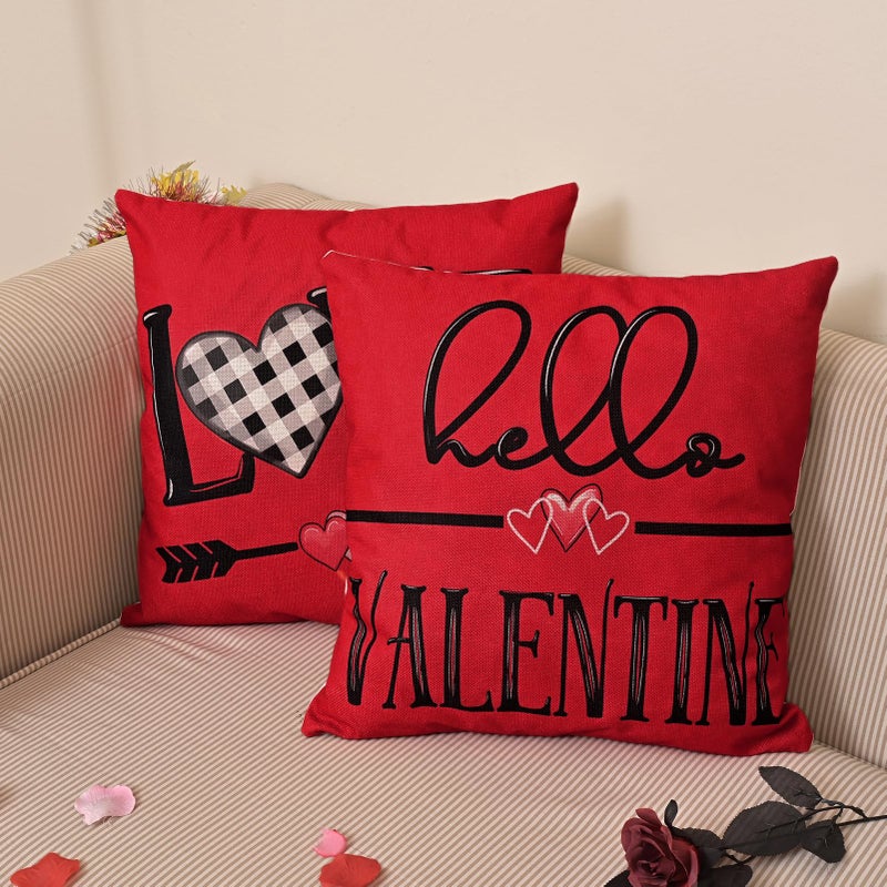 Hongsome Valentines Day Decorations-Throw Pillow Covers 18x18 in set of 4,Valentine Linen Pillow Case with Red Buffalo Plaid Heart Love Truck for Large Couch Sofa Home Inside Outside Holiday Party Decor - Image 5