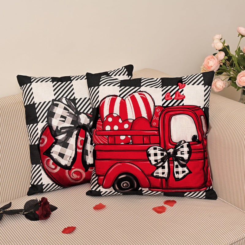 Hongsome Valentines Day Decorations-Throw Pillow Covers 18x18 in set of 4,Valentine Linen Pillow Case with Red Buffalo Plaid Heart Love Truck for Large Couch Sofa Home Inside Outside Holiday Party Decor - Image 4