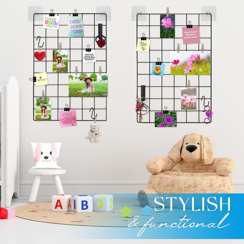CIKLCIX Metal Grid Wall Panel Black, Wire Photo Display Organizer, 17.3"×11.8" Board, Picture Frame, 2-Pack Mesh Memo Board with Clips and Hooks Worldwide simple practical design - Image 2