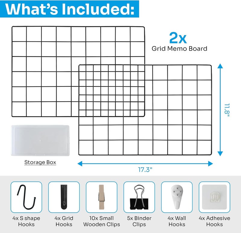 CIKLCIX Metal Grid Wall Panel Black, Wire Photo Display Organizer, 17.3"×11.8" Board, Picture Frame, 2-Pack Mesh Memo Board with Clips and Hooks Worldwide simple practical design - Image 4