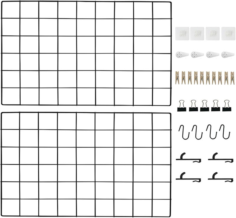 CIKLCIX Metal Grid Wall Panel Black, Wire Photo Display Organizer, 17.3"×11.8" Board, Picture Frame, 2-Pack Mesh Memo Board with Clips and Hooks Worldwide simple practical design - Image 1