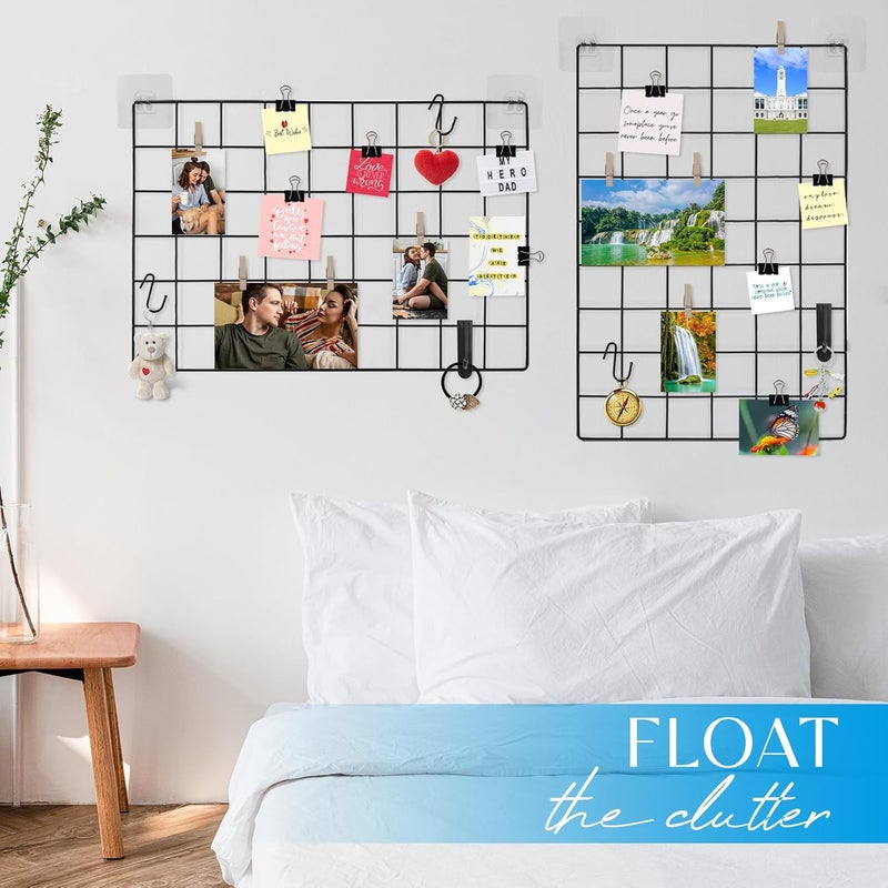 CIKLCIX Metal Grid Wall Panel Black, Wire Photo Display Organizer, 17.3"×11.8" Board, Picture Frame, 2-Pack Mesh Memo Board with Clips and Hooks Worldwide simple practical design - Image 3