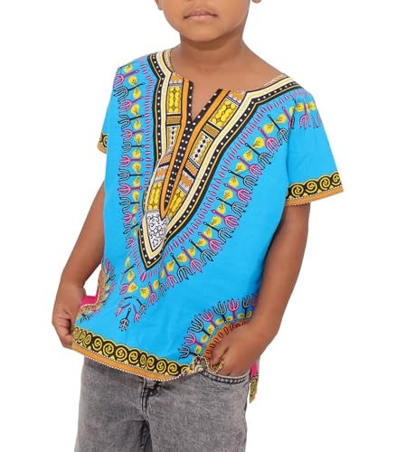 DA'IKI Dashiki Cotton Childs Shirt African Tribal Kaftan Childrens Unisex Boys Girls, 6 Years-8 Years Tall, Dashiki - Dodger Blue Bright Tall - Image 1
