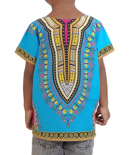 DA'IKI Dashiki Cotton Childs Shirt African Tribal Kaftan Childrens Unisex Boys Girls, 6 Years-8 Years Tall, Dashiki - Dodger Blue Bright Tall - Image 3