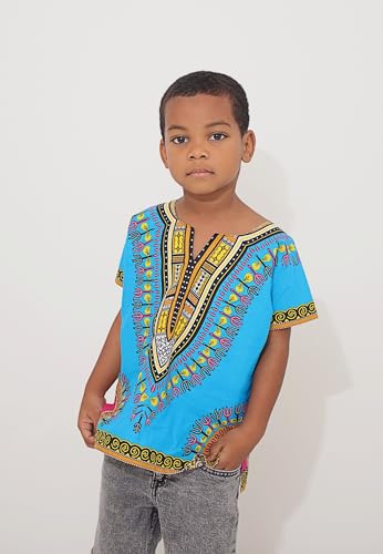 DA'IKI Dashiki Cotton Childs Shirt African Tribal Kaftan Childrens Unisex Boys Girls, 6 Years-8 Years Tall, Dashiki - Dodger Blue Bright Tall - Image 2