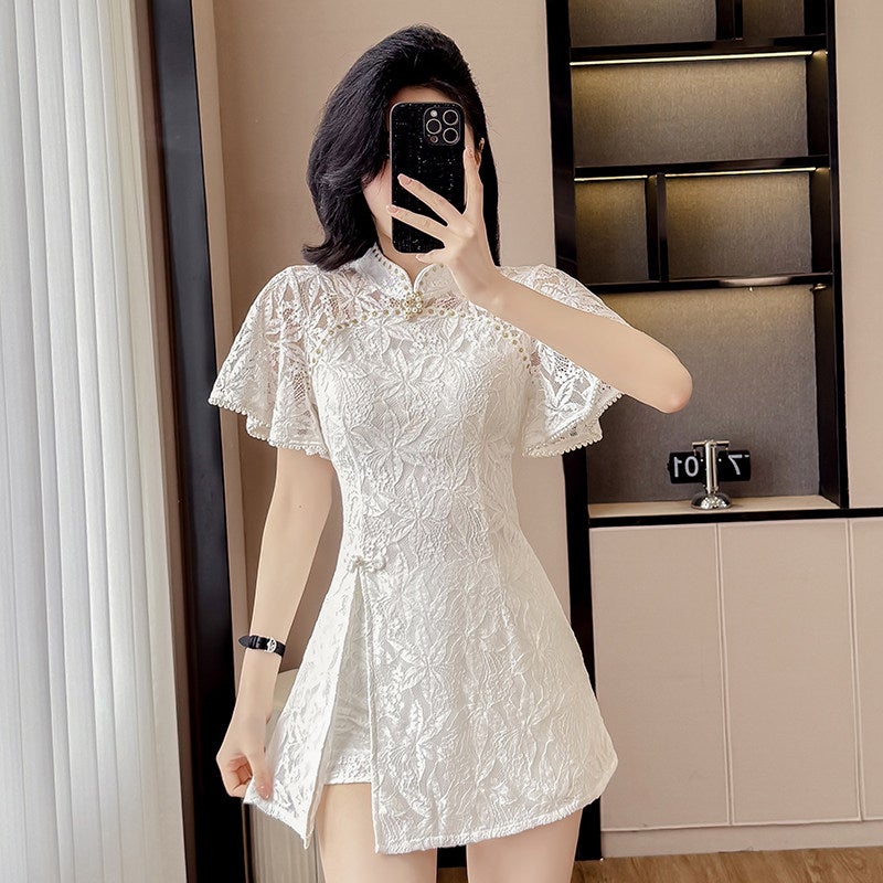 New Chinese-style national style apricot dress 2025 new summer young style temperament slim suit qipao short skirt women - Image 2