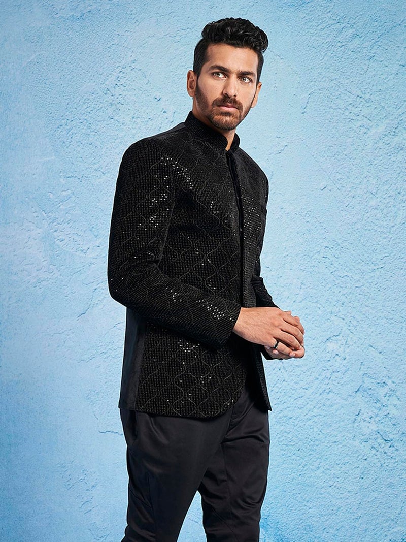 VASTRAMAY Men's Black - Jodhpuri - Velvet Sequined Embroidered Jodhpuri - Image 4