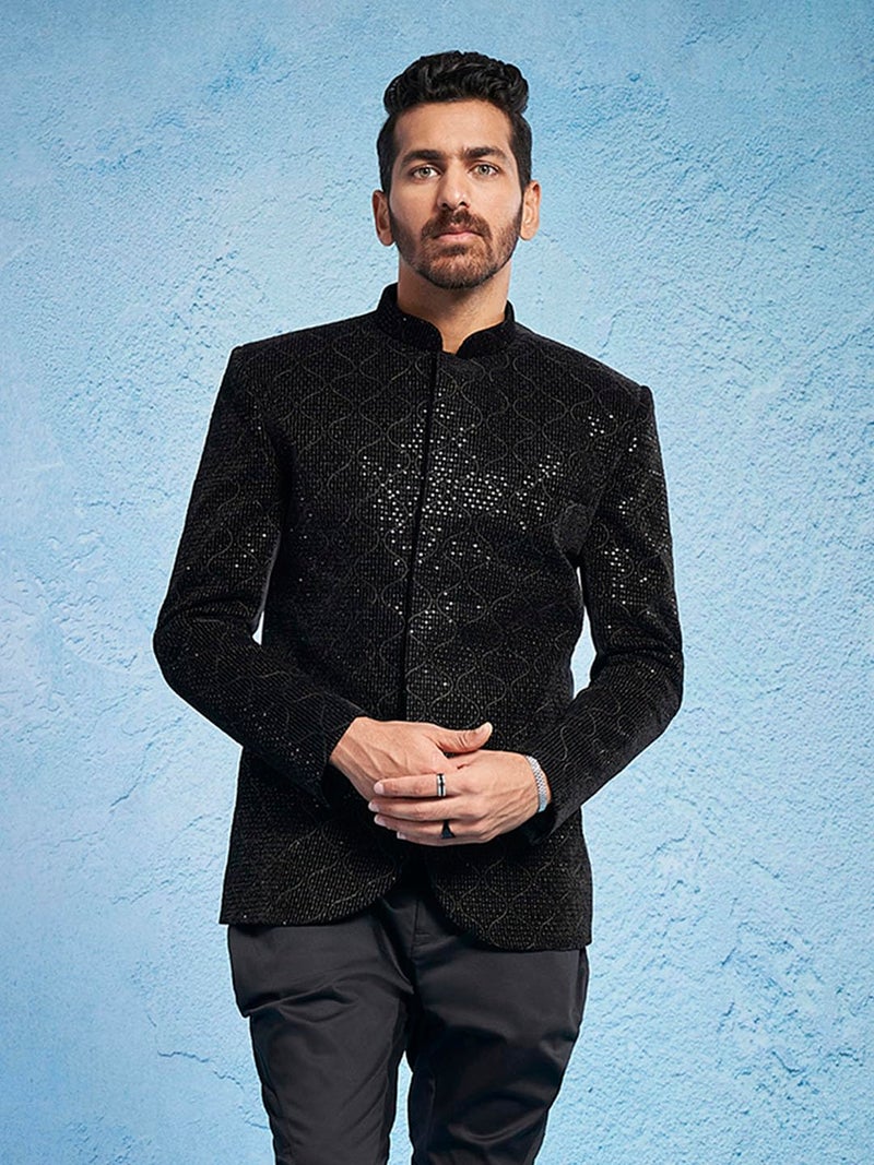 VASTRAMAY Men's Black - Jodhpuri - Velvet Sequined Embroidered Jodhpuri - Image 2