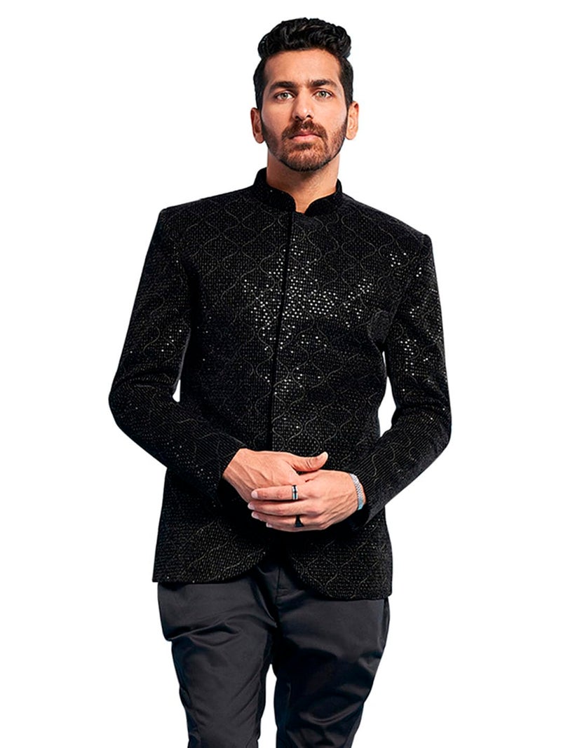 VASTRAMAY Men's Black - Jodhpuri - Velvet Sequined Embroidered Jodhpuri - Image 1