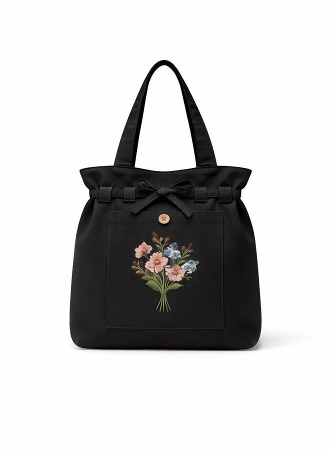 HaveGlam Embroidered Canvas Tote Bag for Women | Floral Design Cotton Shoulder Bag | Reusable Shopping & Office Handbag Multi-Purpose Bags, Black - Image 1