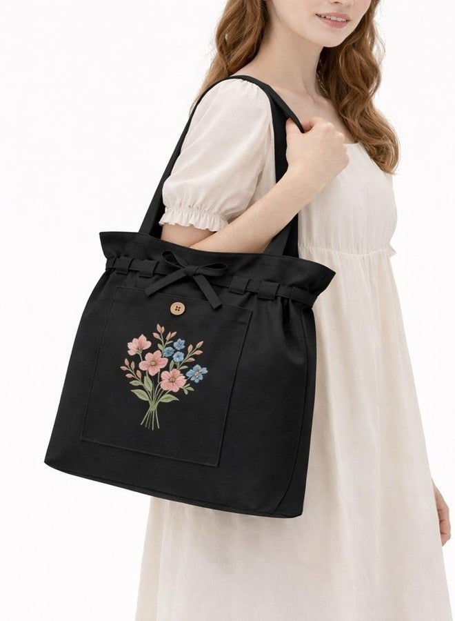 HaveGlam Embroidered Canvas Tote Bag for Women | Floral Design Cotton Shoulder Bag | Reusable Shopping & Office Handbag Multi-Purpose Bags, Black - Image 4