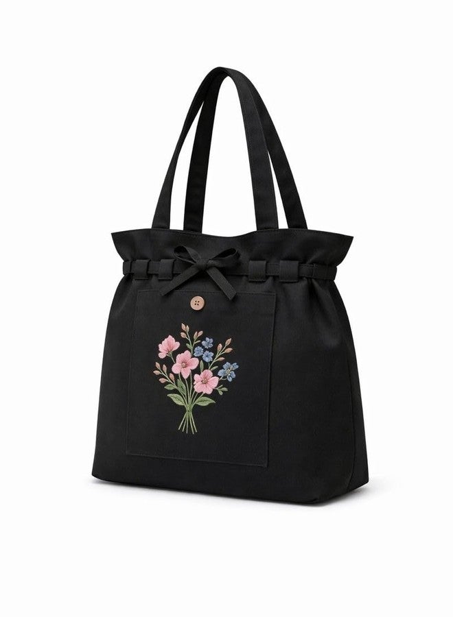 HaveGlam Embroidered Canvas Tote Bag for Women | Floral Design Cotton Shoulder Bag | Reusable Shopping & Office Handbag Multi-Purpose Bags, Black - Image 5
