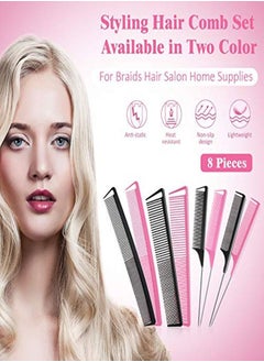 Patelai 8 Pieces Fine Teeth Comb Rat Tail Hair Comb Carbon Fiber Teasing Parting Styling Combs And Carbon Fine Cutting Comb Fiber Pintail Hairdressing Comb For Braids Salon Home Supplies Black And Pink  - Image 2