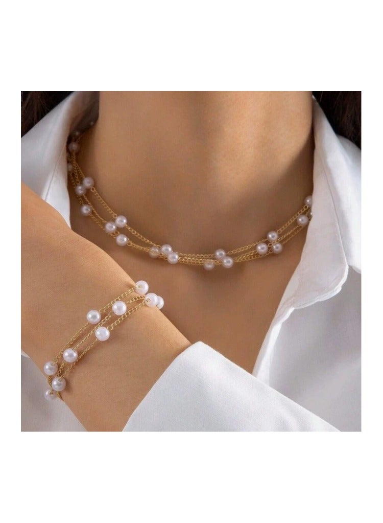 Goolsky Pearl Necklace and Bracelet Set for Women – Elegant Minimalist Beaded Jewelry, Dainty Choker & Chain Set, Formal/Daily - Image 1