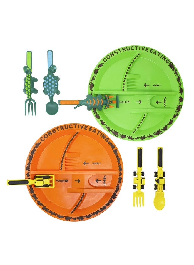 Constructive Eating Made In Usa Construction And Dinosaur Combo With 2 Utensil Sets And 2 Plates For Toddlers Infants Babies And Kids Made With Materials Tested For Safety - Image 2