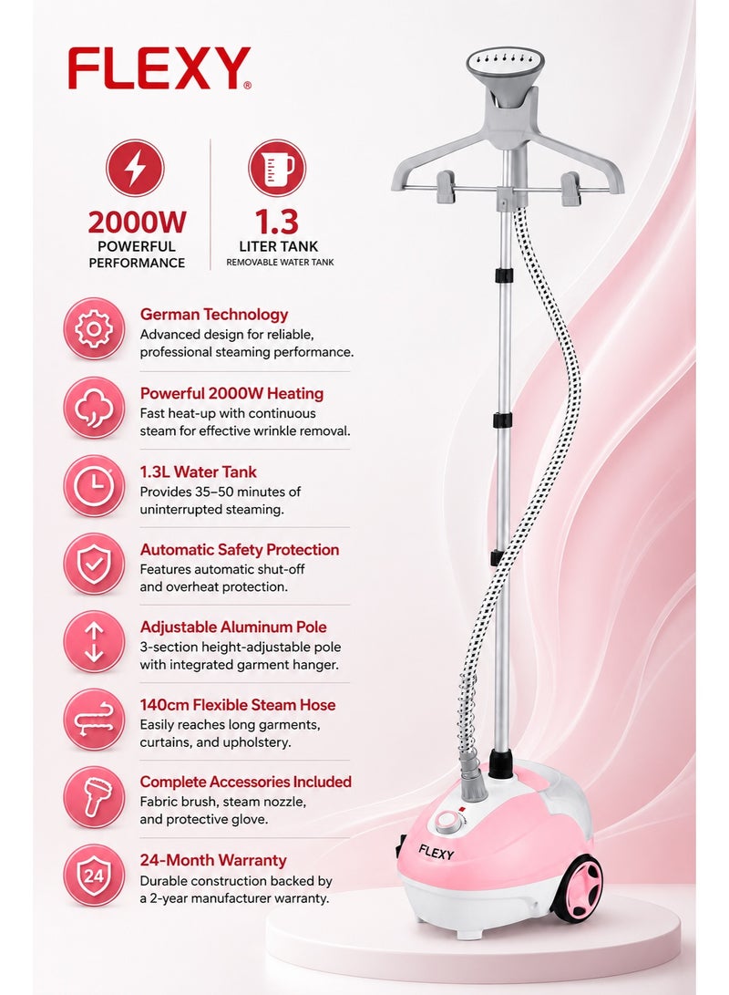 FLEXY Garment Steamer, 2000W, German Technology, 1.3L Water Tank, 35–50 Min Steam, Adjustable Pole, Auto Shut-Off, Overheat Protection, 24-Month Warranty - Image 3