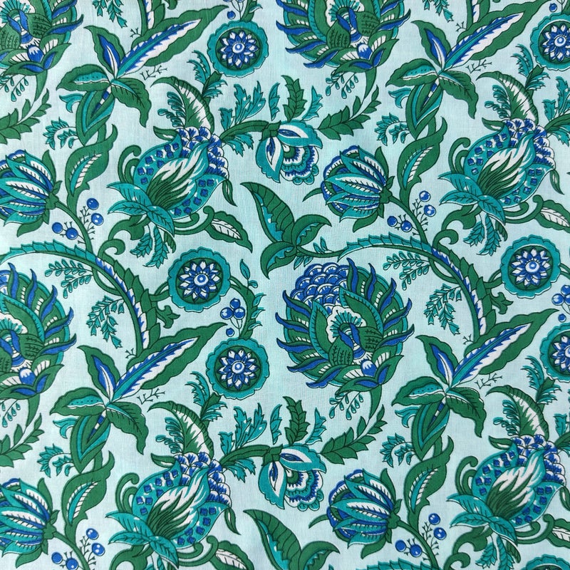 AVKA Studio Hand Block Print Fabric by The Yard - PRECUT 3 Yards 42 inch Width - 100% Cotton Material - Green Floral Pattern - Light Weight Indian Cloth for Making Kurti Summer Dress Salwar Kameez etc - Image 1