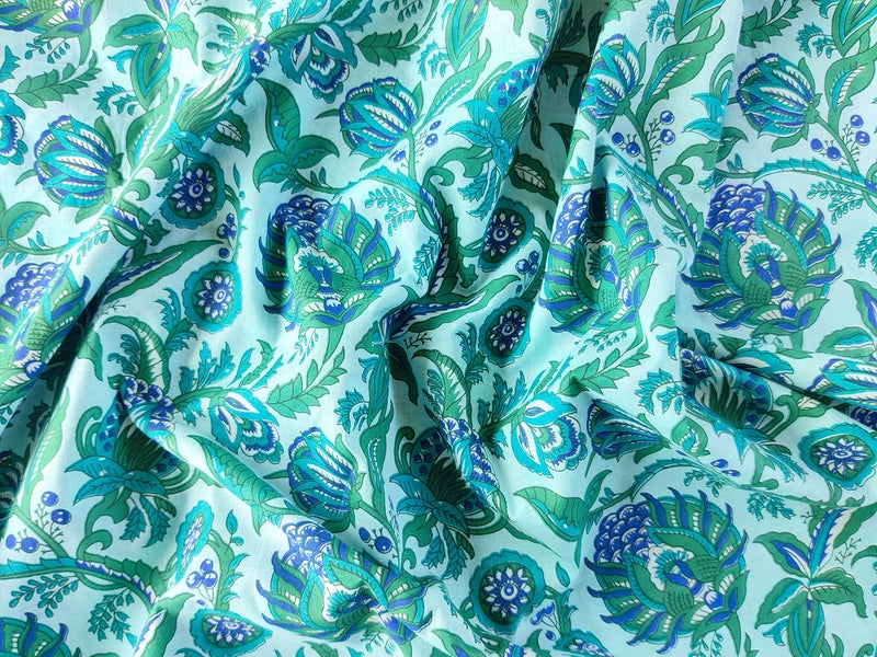 AVKA Studio Hand Block Print Fabric by The Yard - PRECUT 3 Yards 42 inch Width - 100% Cotton Material - Green Floral Pattern - Light Weight Indian Cloth for Making Kurti Summer Dress Salwar Kameez etc - Image 3