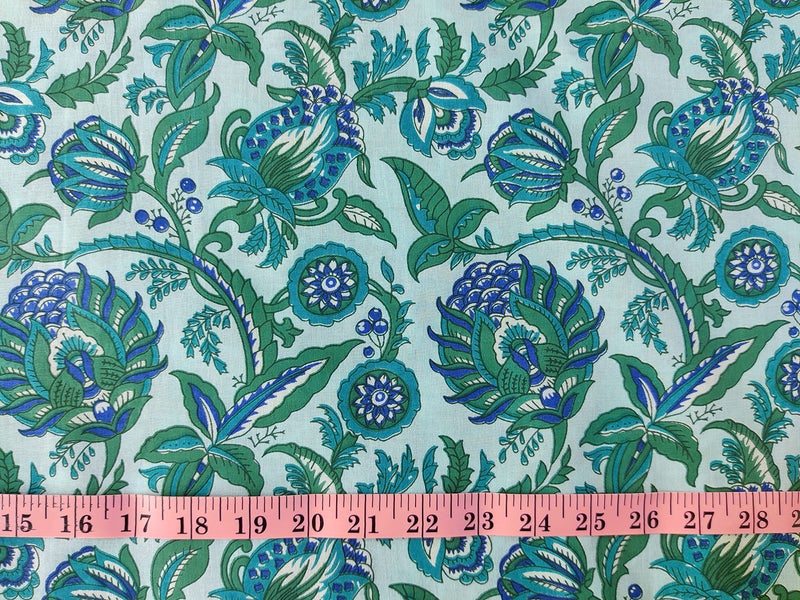 AVKA Studio Hand Block Print Fabric by The Yard - PRECUT 3 Yards 42 inch Width - 100% Cotton Material - Green Floral Pattern - Light Weight Indian Cloth for Making Kurti Summer Dress Salwar Kameez etc - Image 2