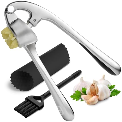 Global Digitronix Garlic Press Crusher & Mincer – Easy Squeeze Ergonomic Handle, Heavy Duty Zinc Alloy, Dishwasher Safe, Includes Peeler & Cleaning Brush – Garlic Ginger Crusher Tool (Silver) - Image 1