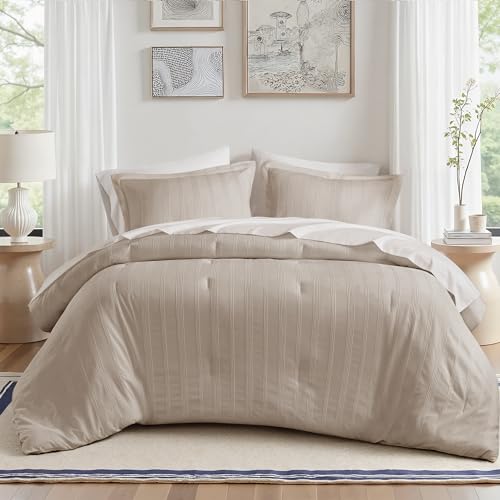 Madison Park Essentials Striped Comforter Set King, 7 Pieces Modern Minimalist Jacquard Bedding Set for All Season, Bed in A Bag with Sheet Set and Soft Brushed Reverse, Lightweight Neutral - Image 1