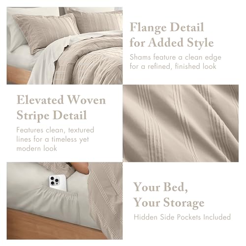 Madison Park Essentials Striped Comforter Set King, 7 Pieces Modern Minimalist Jacquard Bedding Set for All Season, Bed in A Bag with Sheet Set and Soft Brushed Reverse, Lightweight Neutral - Image 4