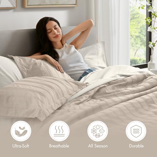 Madison Park Essentials Striped Comforter Set King, 7 Pieces Modern Minimalist Jacquard Bedding Set for All Season, Bed in A Bag with Sheet Set and Soft Brushed Reverse, Lightweight Neutral - Image 3