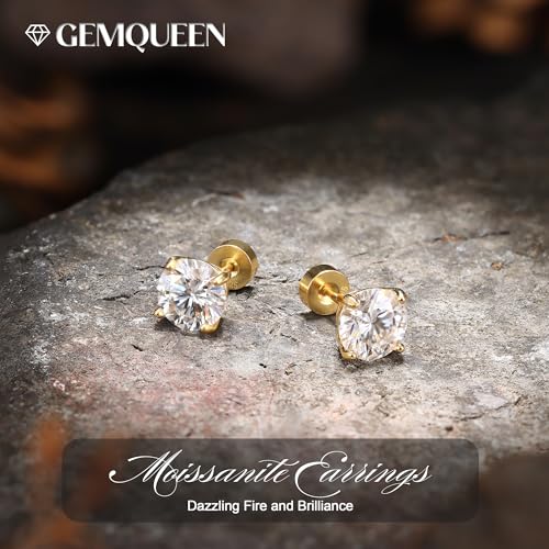 GEMQUEEN 14K Real Gold Plated Sterling Silver Moissanite Earrings | Flat Back Earring for Women Men Cartilage Helix Piercing Jewelry Large Stud 3CT D Color Brilliant Round Cut For Men - Image 2