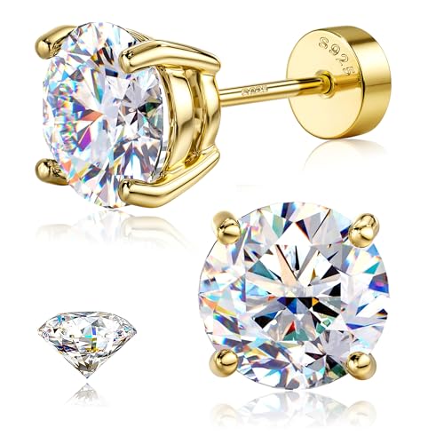 GEMQUEEN 14K Real Gold Plated Sterling Silver Moissanite Earrings | Flat Back Earring for Women Men Cartilage Helix Piercing Jewelry Large Stud 3CT D Color Brilliant Round Cut For Men - Image 1