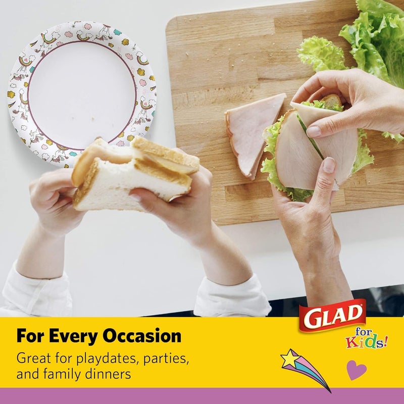 Glad for Kids Unicorn Theme Kids Plates, Heavy-Duty Round Disposable Paper Plates with Soak-Proof Coating, Microwave Safe for Snacks & Meals, Cute Unicorn Print, 8.5 Inch, 20 Count - 3 Pack - Image 5