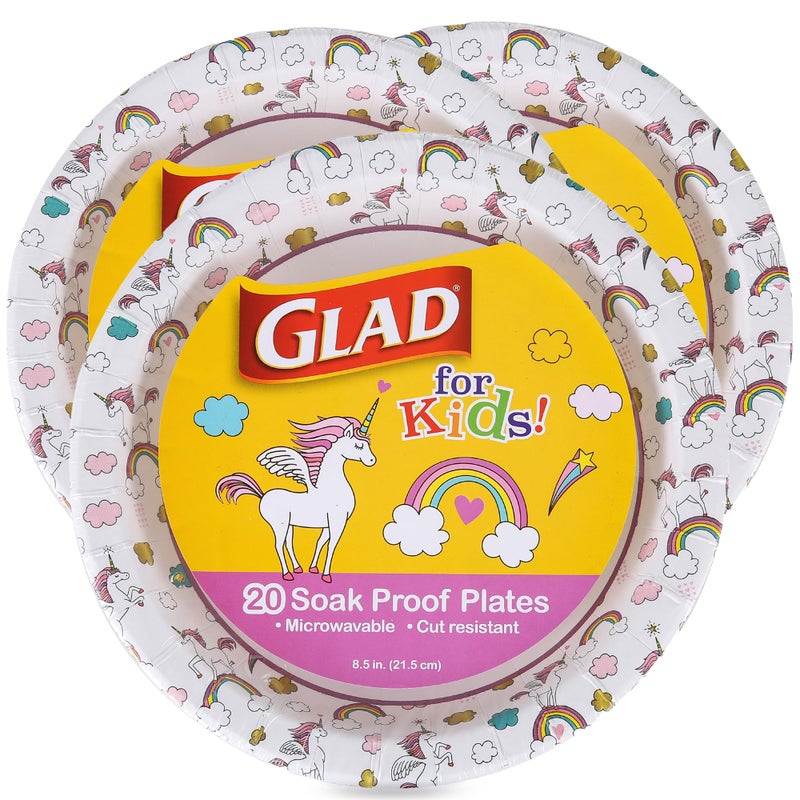 Glad for Kids Unicorn Theme Kids Plates, Heavy-Duty Round Disposable Paper Plates with Soak-Proof Coating, Microwave Safe for Snacks & Meals, Cute Unicorn Print, 8.5 Inch, 20 Count - 3 Pack - Image 1