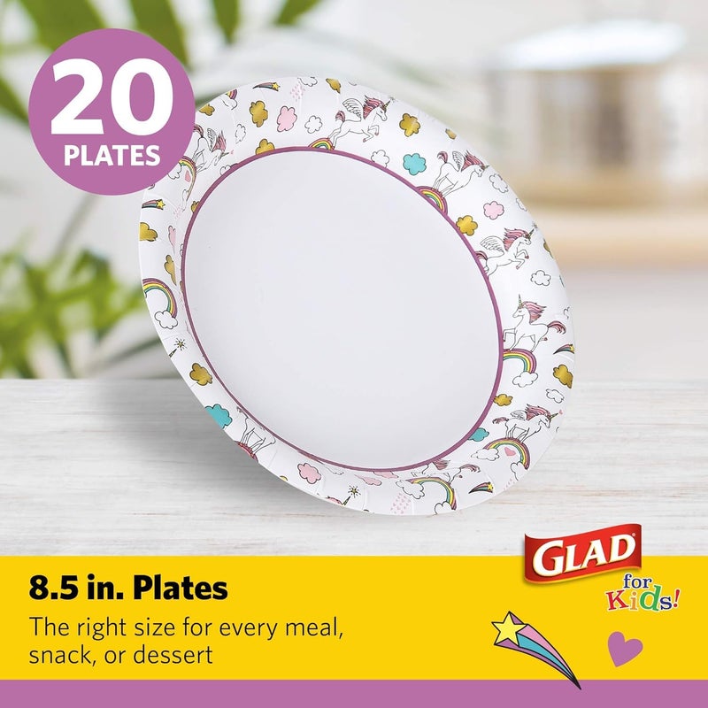 Glad for Kids Unicorn Theme Kids Plates, Heavy-Duty Round Disposable Paper Plates with Soak-Proof Coating, Microwave Safe for Snacks & Meals, Cute Unicorn Print, 8.5 Inch, 20 Count - 3 Pack - Image 2