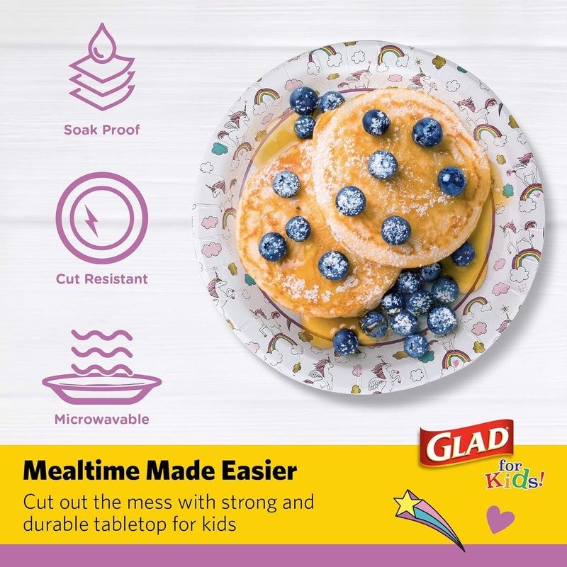 Glad for Kids Unicorn Theme Kids Plates, Heavy-Duty Round Disposable Paper Plates with Soak-Proof Coating, Microwave Safe for Snacks & Meals, Cute Unicorn Print, 8.5 Inch, 20 Count - 3 Pack - Image 3
