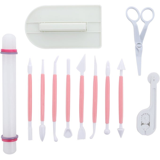 MARSHMALLOW FONDANT CAKE DECORATING HAND TOOL 12 PCS 5 SETS SUGARCRAFT GUMPASTE ICING SMOOTHER ROLLING PIN TRIMMER CUTTER EMBOSSER FLOWER SCISSOR MODELLING ACCESSORIES SUPPLIES KIT PINK