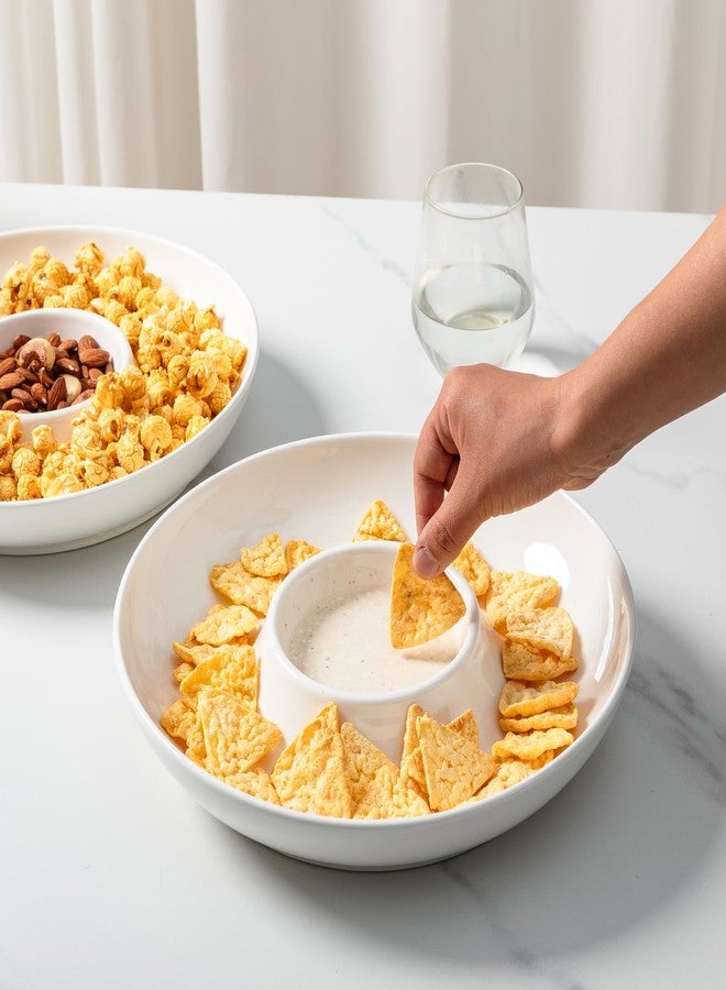 LEHAHA Ceramic Chips and Dip Serving Tray, 12 Inch Large Divided Bowls Set for Salsa, Veggies & Dip, Appetizers, Snacks, Serving Dish Platter for Parties Hosting & Entertaining. Set of 2, white - Image 2