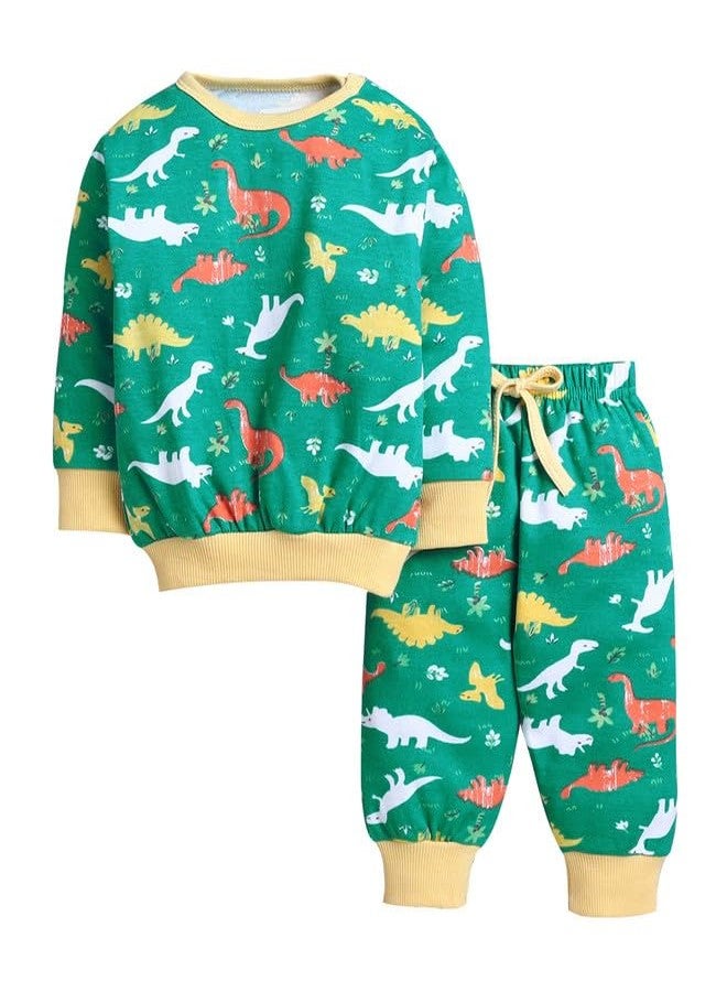 BUMZEE Baby Boys Cotton Round Neck Full Sleeves Animal Print T-Shirt & Jogger Set Green - 6-12 Months (Peb11081C-grn) - Image 1
