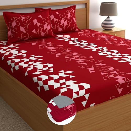 Dreamscape 100% Cotton King Fitted Bedsheet with 2 Pillow Covers - (Size 72 x 78 inches, 140TC, Colour - Red) - Image 1