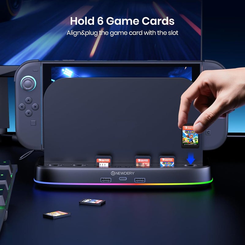 نيودري مروحة تبريد NEWDERY لقاعدة Nintendo Switch 2 بمروحتين مزدوجتين، 3 سرعات قابلة للتعديل، أوضاع إضاءة RGB، 6 فتحات لبطاقات الألعاب و3 منافذ USB، قاعدة تبديد الحرارة لوحدة التحكم Switch 2 - Image 4