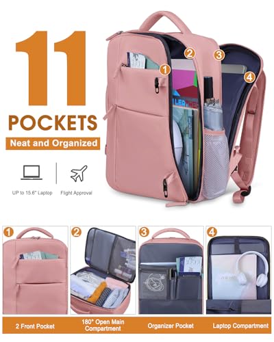 Capolo Travel Backpack for Women Men Waterproof Laptop Backpack Airlines Approved Carry On Backpack Bag Computer Bookbag for Business, Work, Traveling Fits 15.6 Inch Laptop(Pink) - Image 3