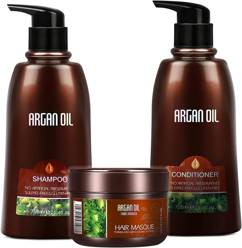 Moroccan Argan Oil Shampoo and Conditioner Sets with Hair Mask, Color Safe Smooth Add Shine Hair Treatment, UV Protection, Intense Moisturizing Hair Wash Kit For Dry, Damaged, Frizzy Hair,3 pack - Image 1