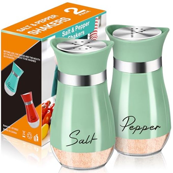 Arrozon Salt and Pepper Shakers 2 Pack, Small Stainless Steel Cap Glass Bottom kitchen accessories for Table,Camping,RV,BBQ,Gift(Matcha Green) - Image 1