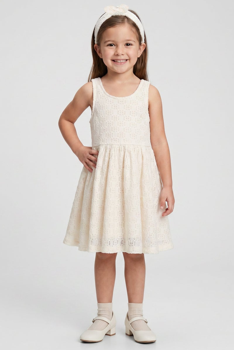 Willow & Whistle Kids Girl Textured Sleeveless Dress With Headband Set, Off White - Image 1