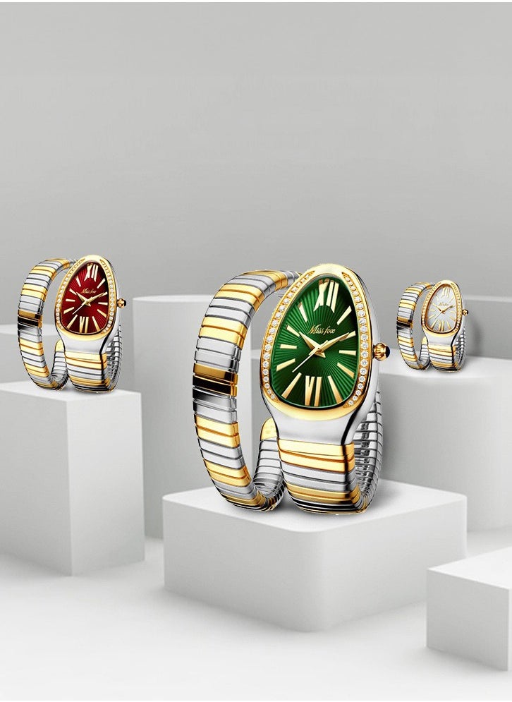 MISS FOX Ladies'fashionable and personalized snake head bracelet,stainless steel diamond inlaid snake shaped watch,luxurious gold snake shaped watch,waterproof diamond quartz watch gift  - Image 2