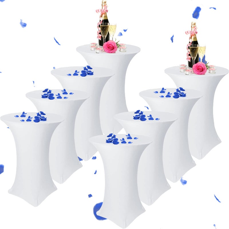 Tegeme 8 Packs 32 x 43 Inch Cocktail Spandex Table Covers Highboy Top Round Cocktail Tablecloth Stretch Square Fitted Tablecloth for Table Wedding Pub Bar Banquet PartyWhite