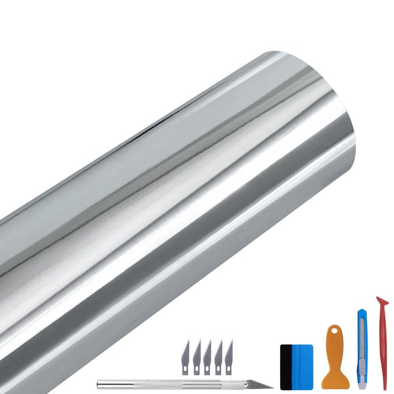 LZLRUN 1FT x 5FT Chrome Mirror Vinyl Wrap Adhesive Car Sticker Decal Film Silver 1FT x 10FT