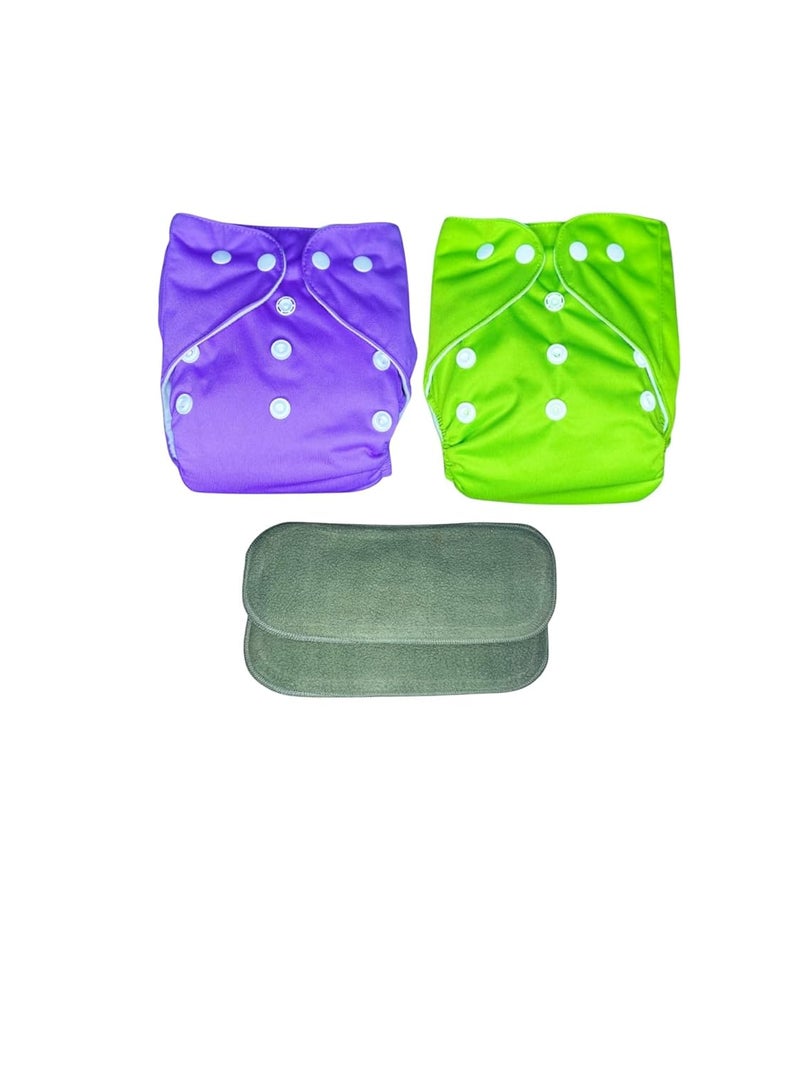 Kogar Reuse Nappy Adjustable Reusable & washable Cloth Diaper with Super Absorbent Insert, 3-36 Months, 2-Pack (Purple & Green) - Image 1