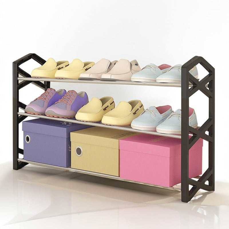 wolpin Multi-Purpose 3 Shelves Shoe Rack Shelve Storage Rack Steel for Footwear, Toys, Clothes Large (Black) - Image 3